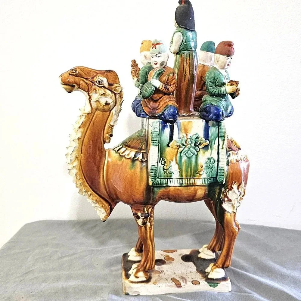 Vtg Chinese Glazed Tang Dynasty Style Pottery Sancai Camel With Musicians‎ 14"